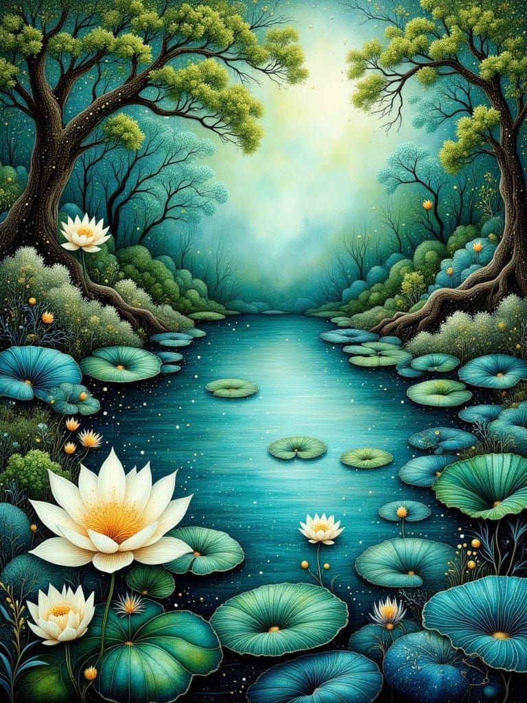 Whimsical Lotus Lake with Glittering Details