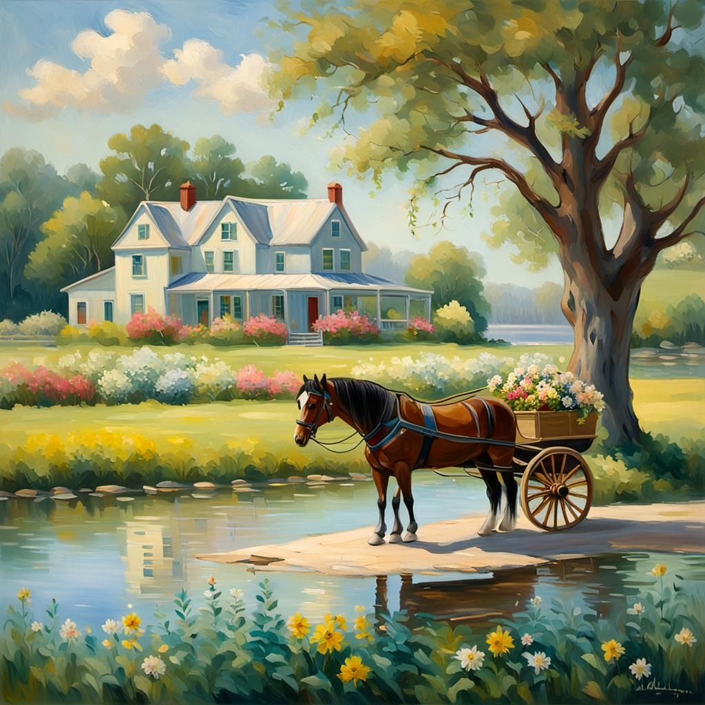Idyllic Horse Cart by Glass Lake: American Impressionism
