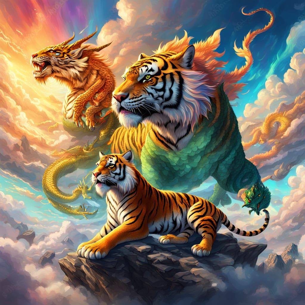 Tiger and Dragon Play in Sky: Fantasy Digital Art