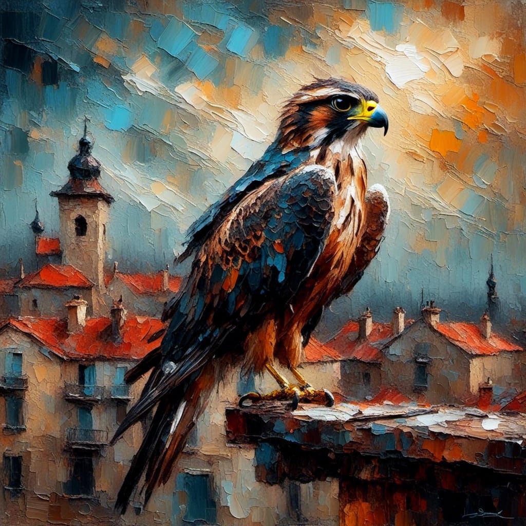 Falcon on Roof in Impasto Oil Painting Style