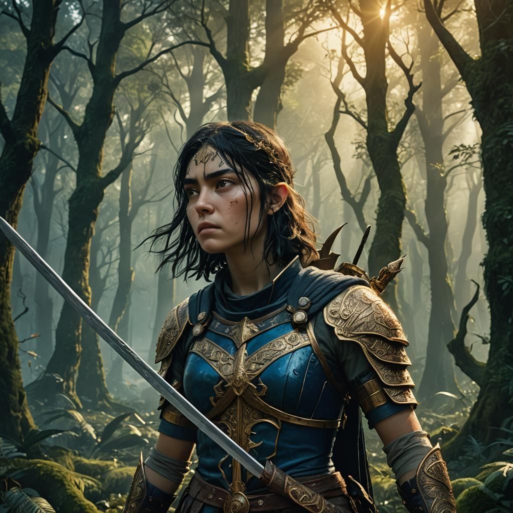 Victorious Female Warrior in Mystical Forest
