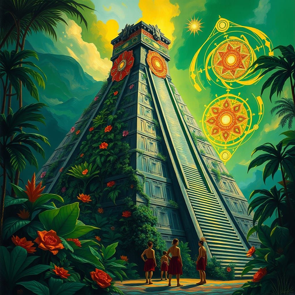 Majestic Mayan-Aztec Pyramid in Vibrant Jungle with Art Deco...