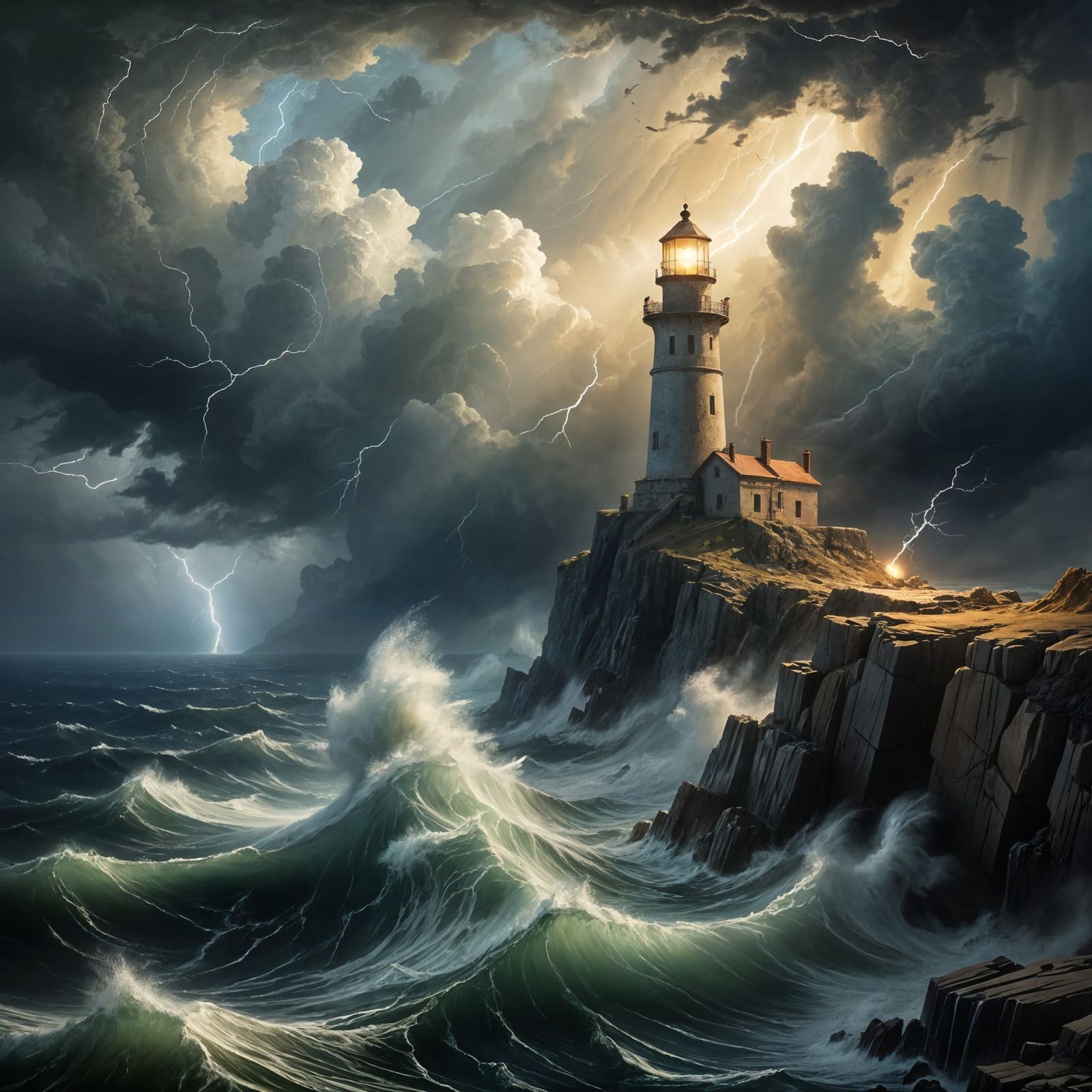 Dramatic Lighthouse on Cliff in Romantic Style
