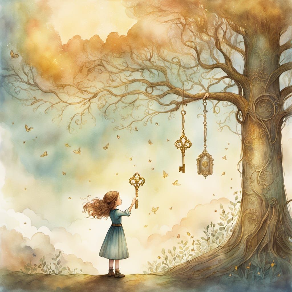 Girl and Key: Storybook Watercolor Illustration