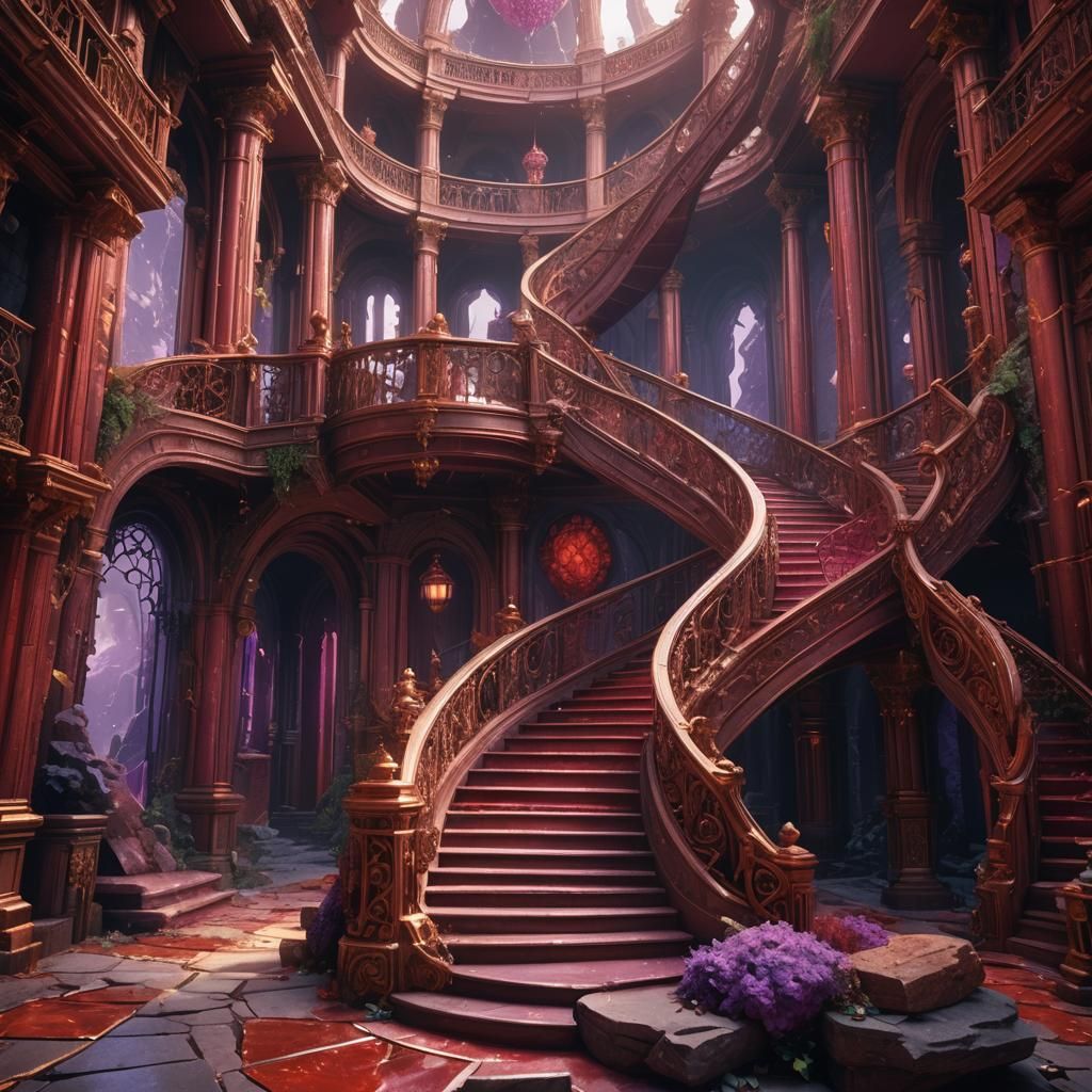 Red Amethyst Staircase: Detailed Matte Painting