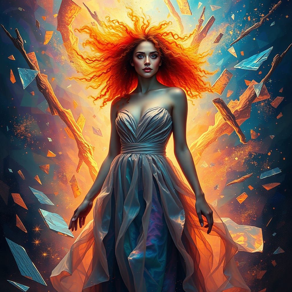 Woman Unleashes Cosmic Energy Amidst Shattered Glass and Spl...