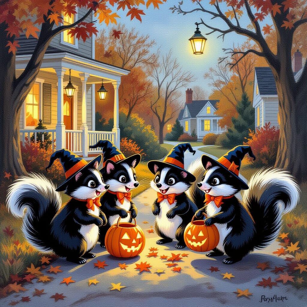 Skunks in Halloween Costumes Trick-or-Treating at Dusk