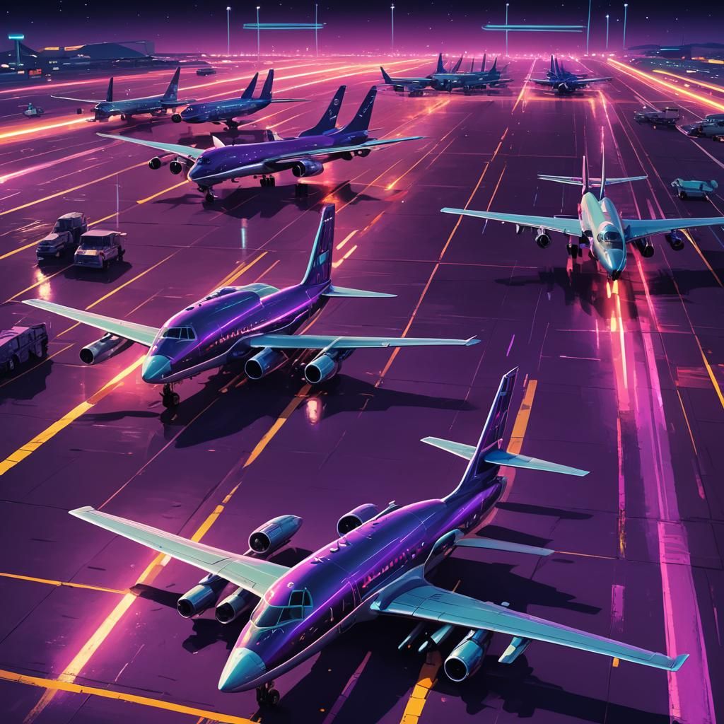 Neon-Lit Boeing Army Planes in Retro-Futuristic Style