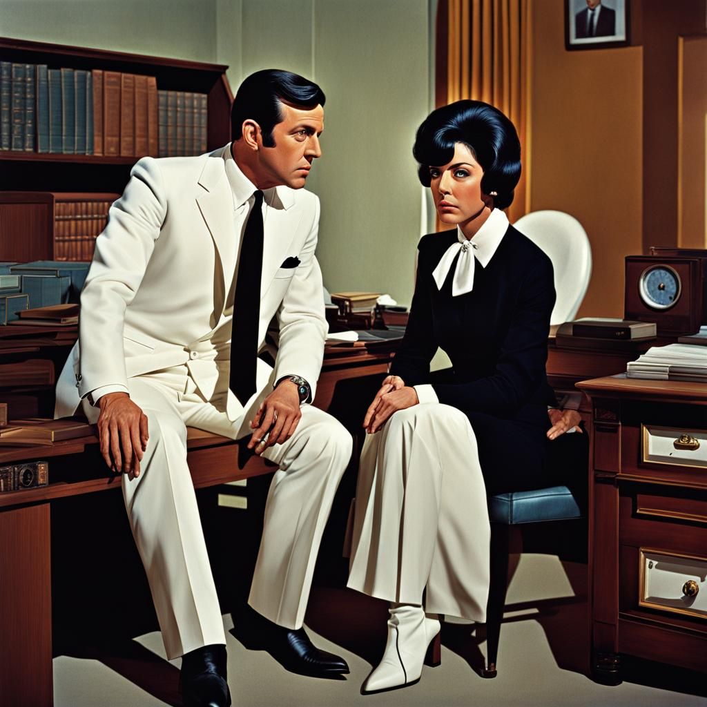 Kenneth Cope  as the ghost Marty Hopkirk, white suit, white boots, white shirt, white tie, black hair, in private detect...