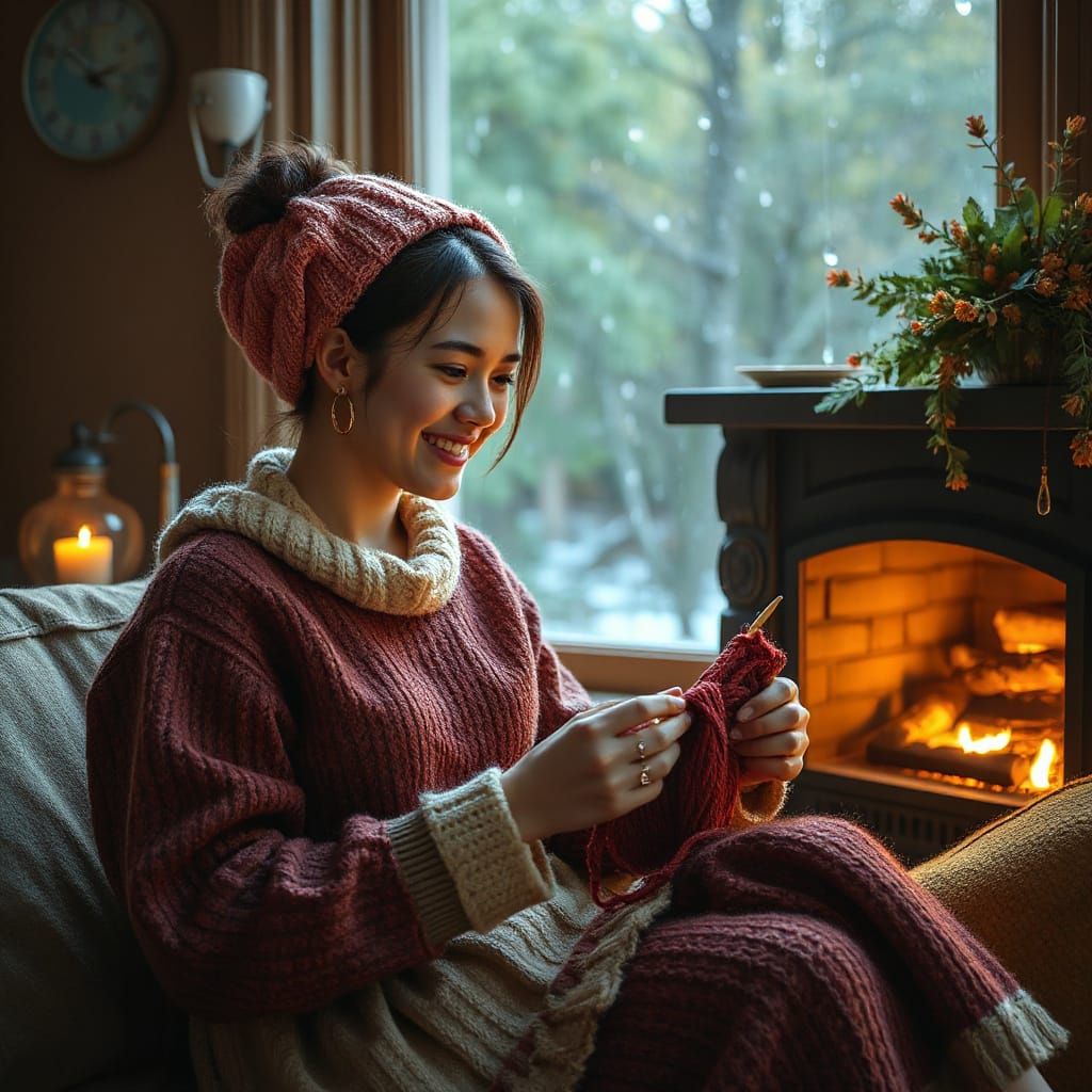 Cozy Tradwife Knitting by Fireplace: Digital Painting