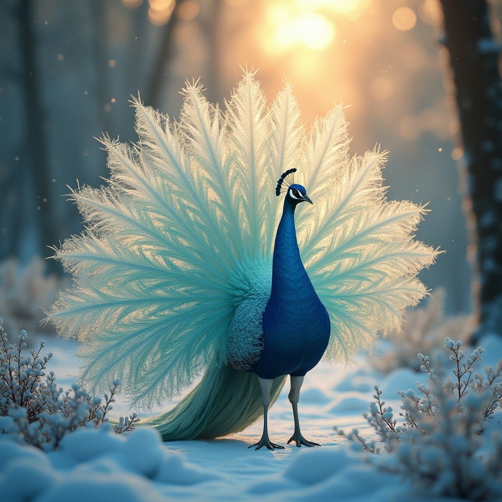 Surreal Snow Peacock Reigns in Futuristic, Frozen Wonderland
