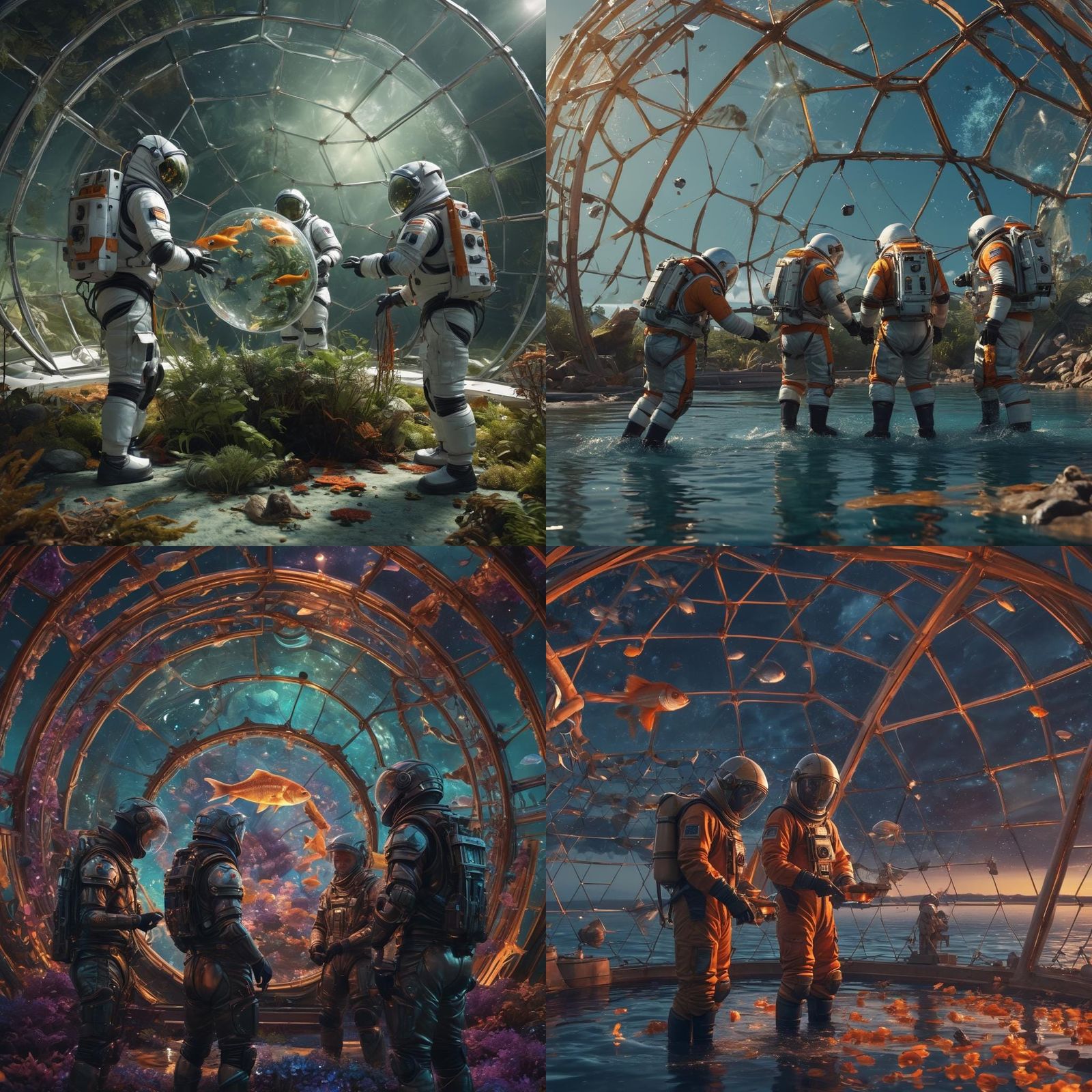 Astronauts Tend Fish in Space Dome: Detailed Matte Painting