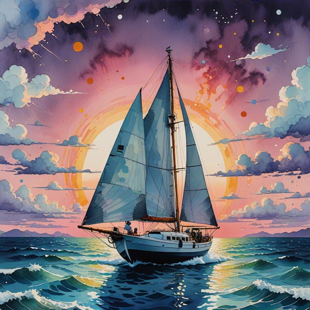 Luxury Sailboat in Glowing Globe with Sunset Sky