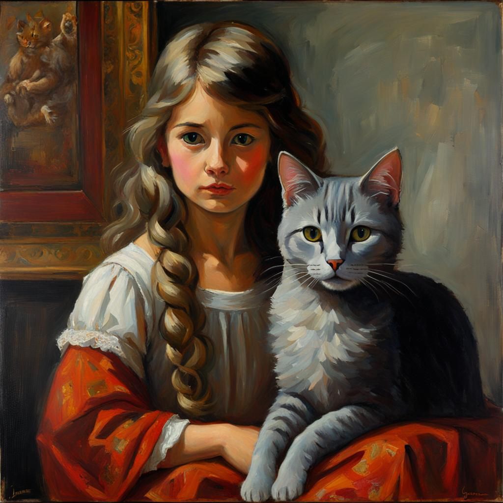 Girl with Grey Cat in Oil Painting Style