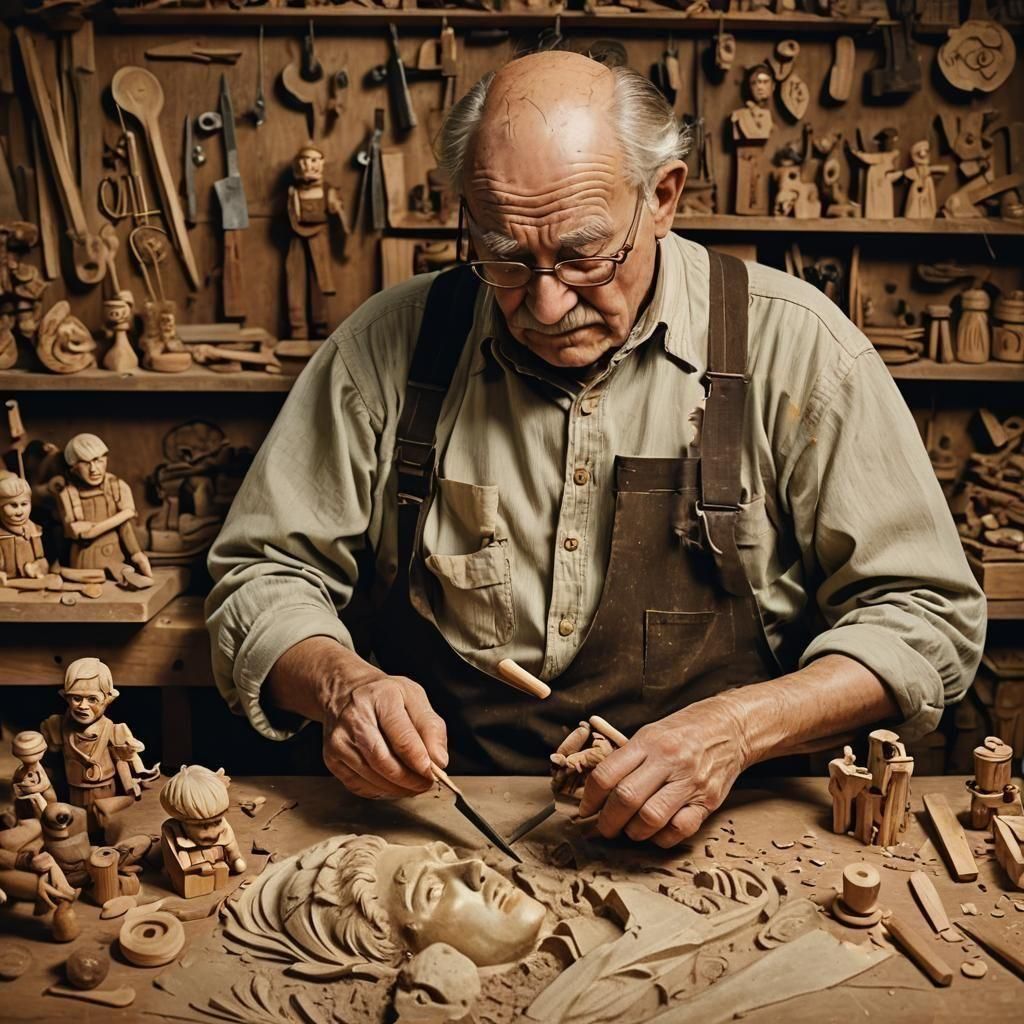 Man Carving Puppet Son