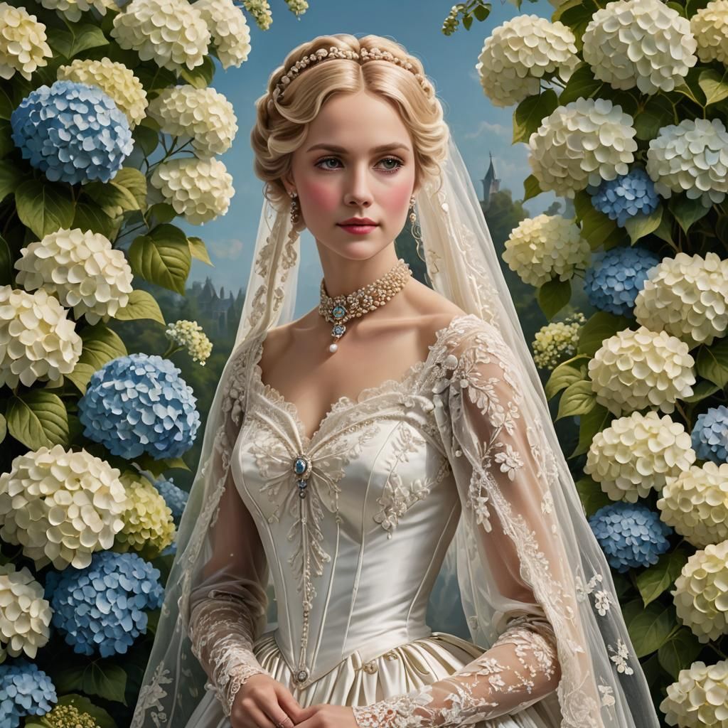 A Victorian-era woman wearing a white wedding dress