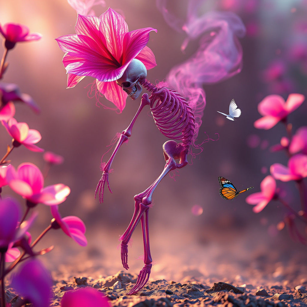 colorful flowers, dmt style, 3d render, Skeleton in 'Fluid F...