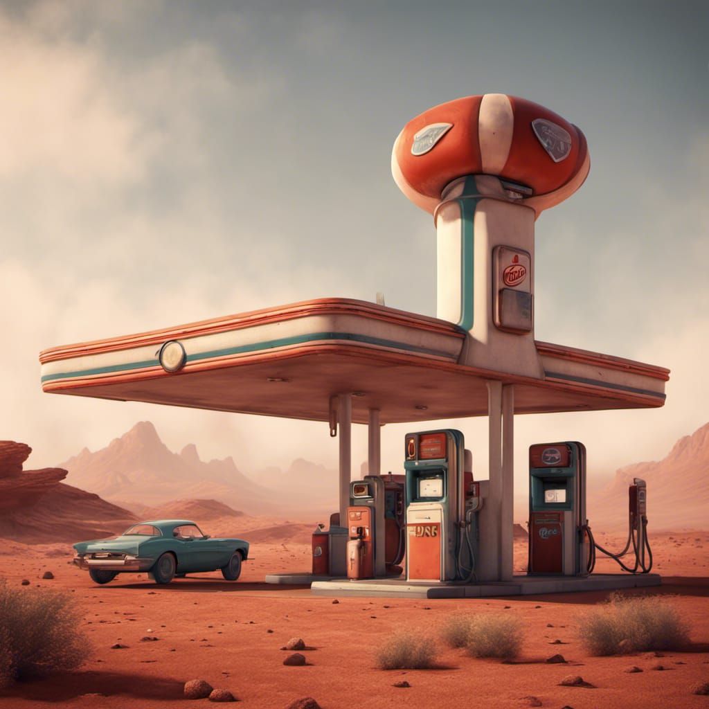 Retro Gas Station on Mars: Detailed Matte Painting