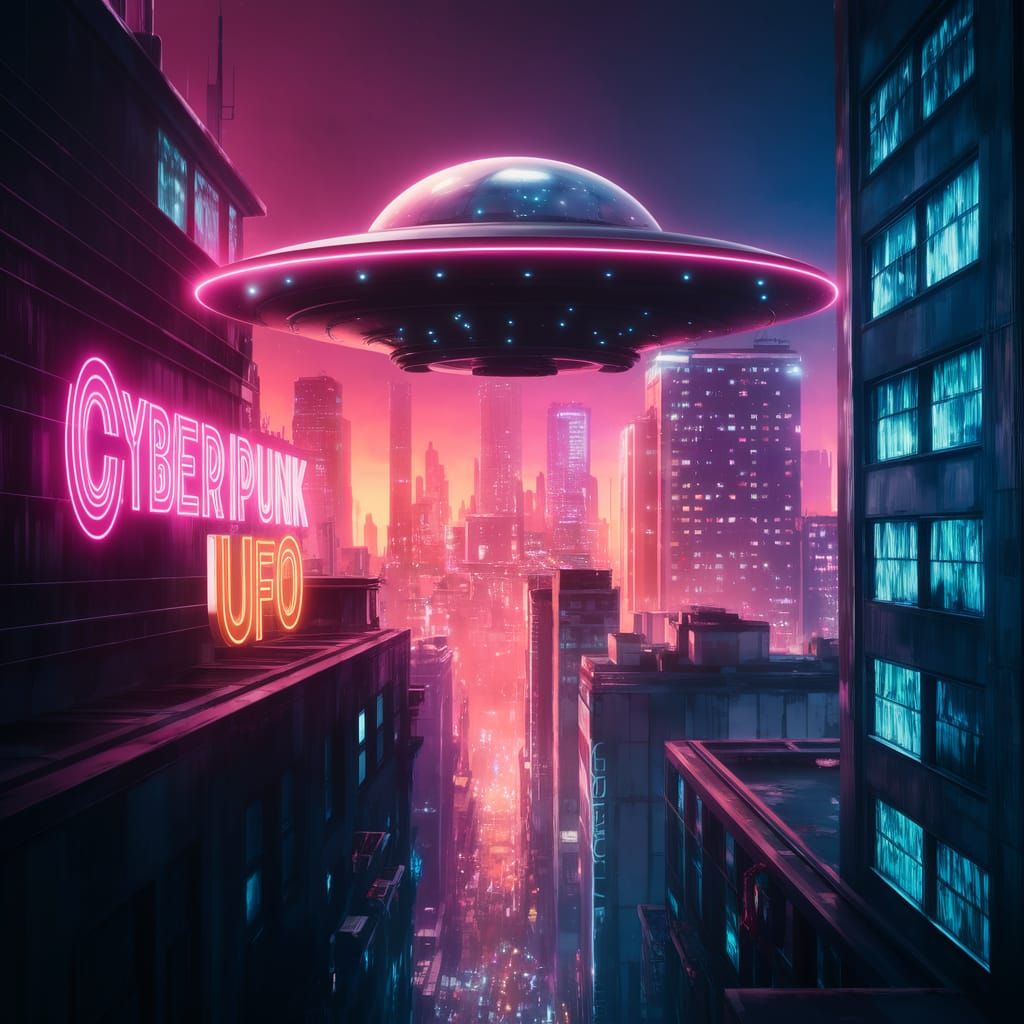 Glowing UFO in a Neon Cyberpunk City