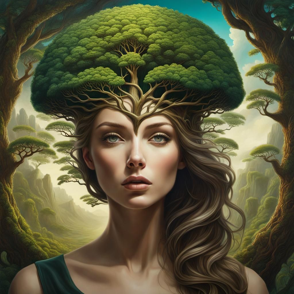 Surreal Woman Portrait with Tree Growing From Head
