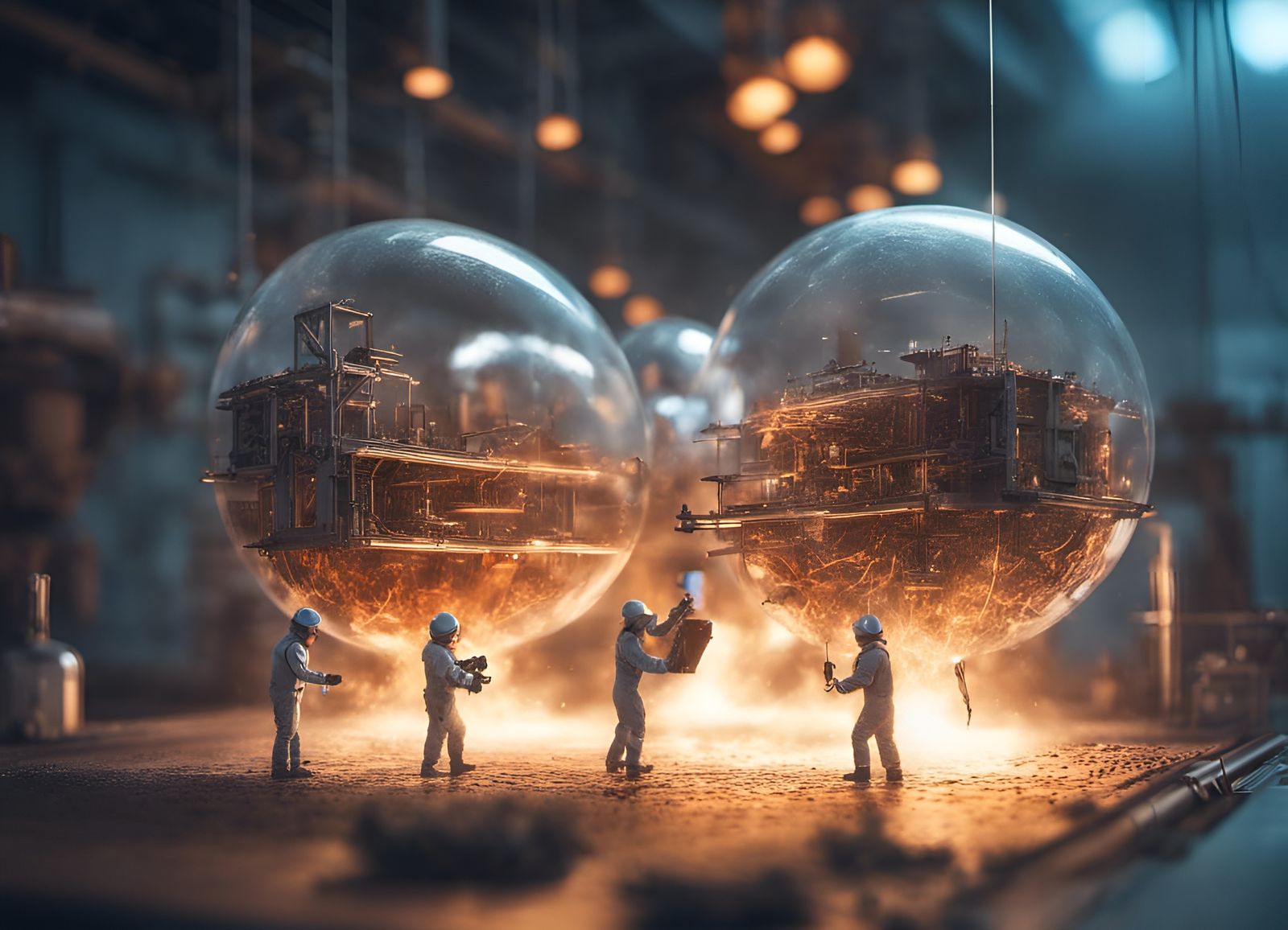 Miniature Workers Constructing Fantasy Antigravity Biosphere...