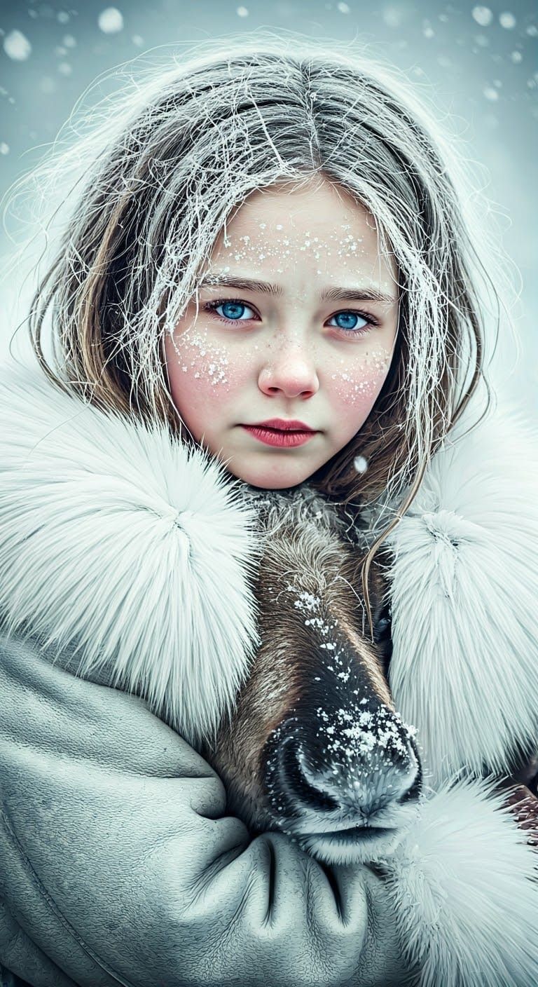 Icy Embrace: Norwegian Girl and Reindeer in Blizzard