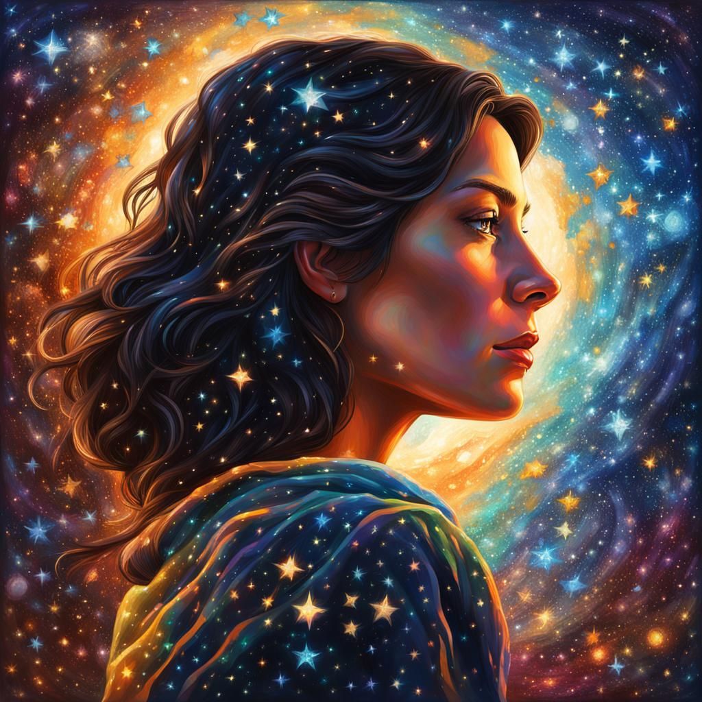 Starry Sky: Contemplative Woman, Hyperrealistic Splash Art