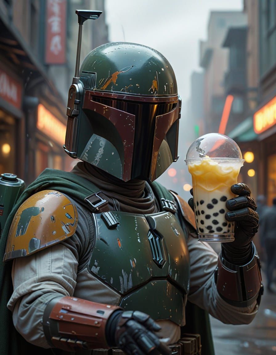 Boba Fett Bubble Tea Portrait in Hyperrealistic Style