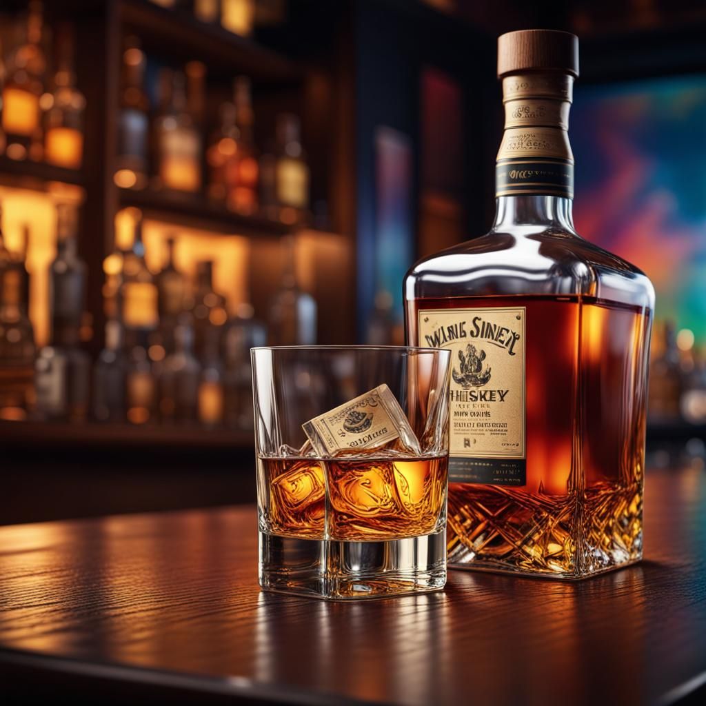 Hyperrealistic Whiskey Bottle and Glass on Bar