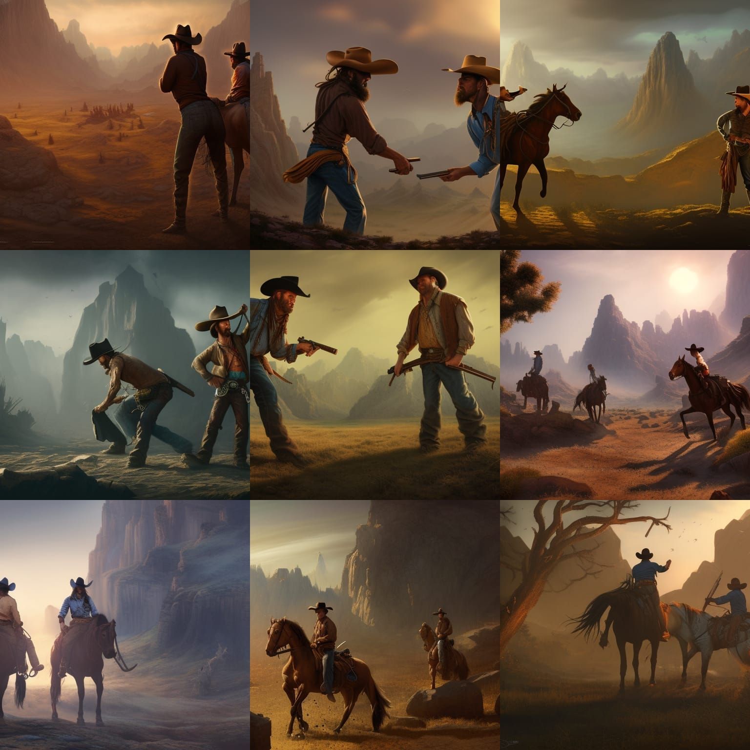 Cowboys Standoff in Detailed Matte Painting Style