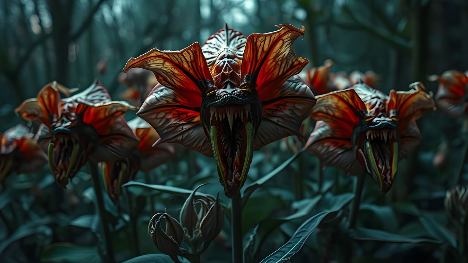 Creepy Garden of Flowers with Evil Faces