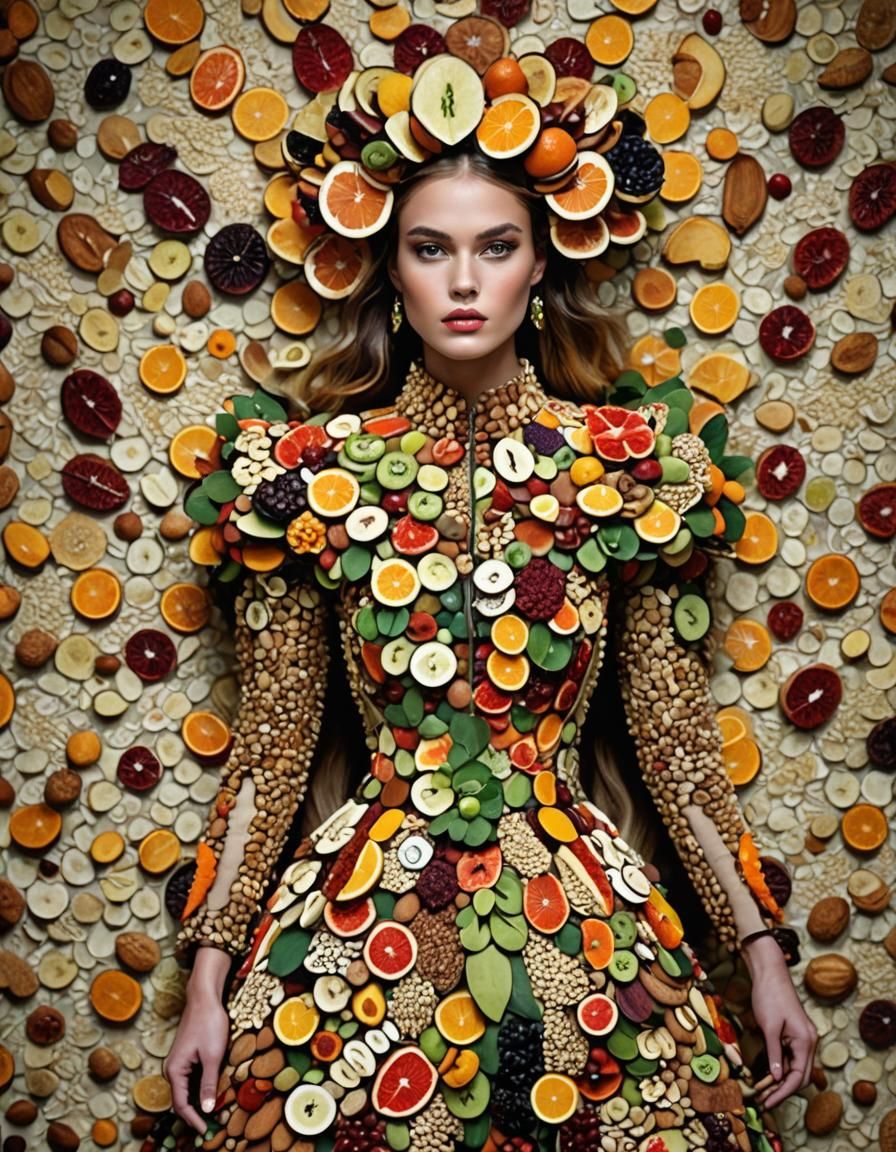 Model in Breathtaking Fruit and Nut Dress