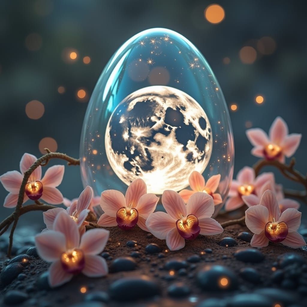 Glass Egg Encasing Moon and Orchids in Fantasy Art
