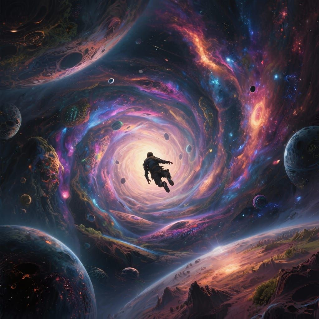 Cosmic Traveler Falling Through Surreal Nebulae and Worlds