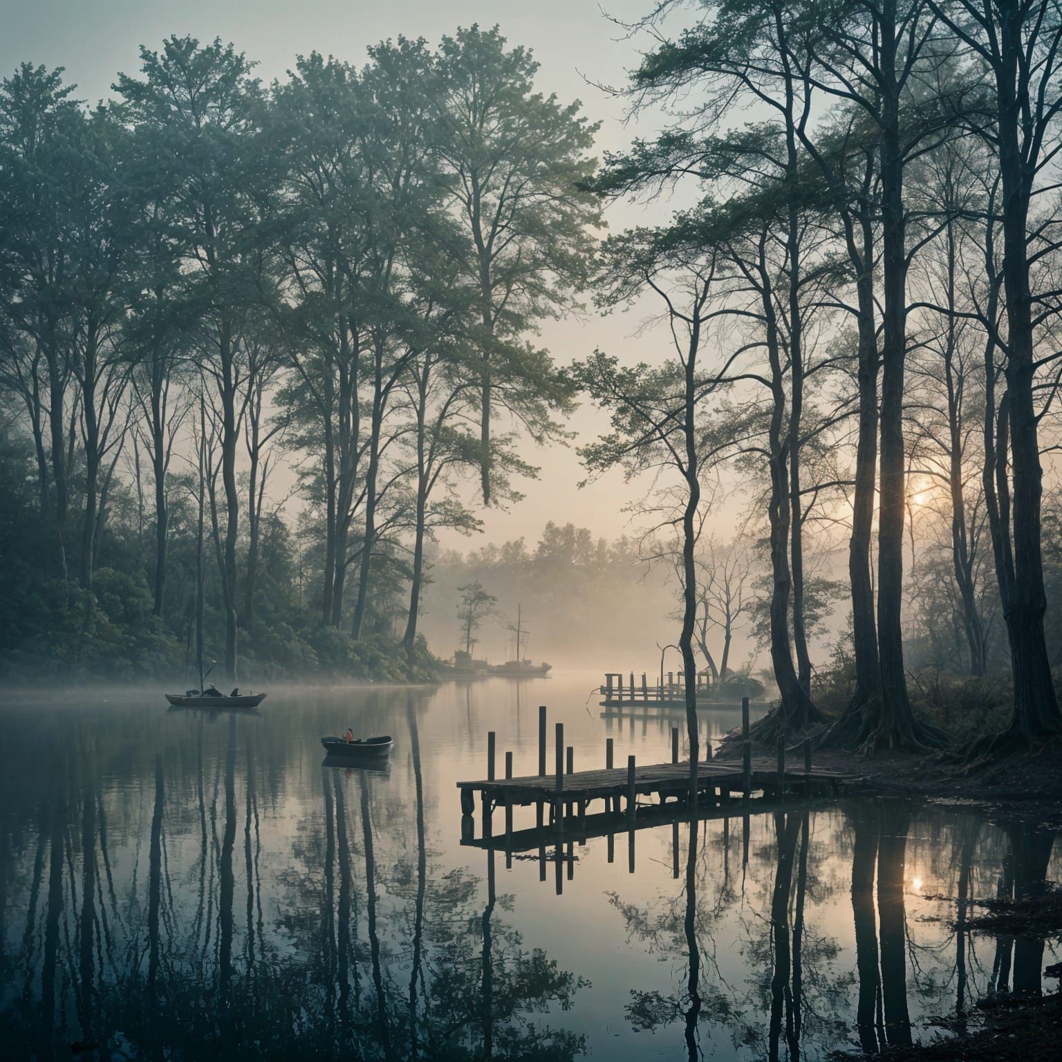 Misty Lakeside Cinematic Photograph