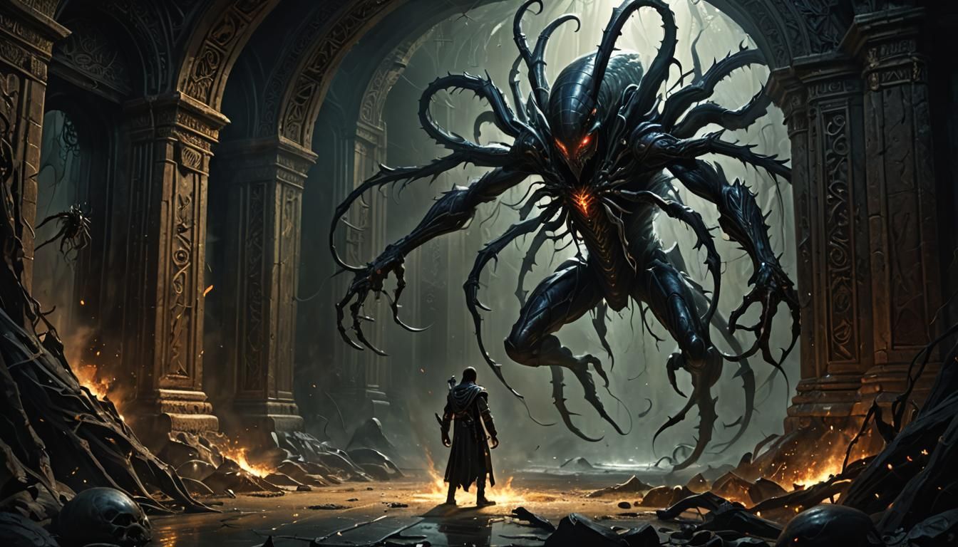 a final boss, dark fantasy, ancient era, a man emerging from an eldritch portal