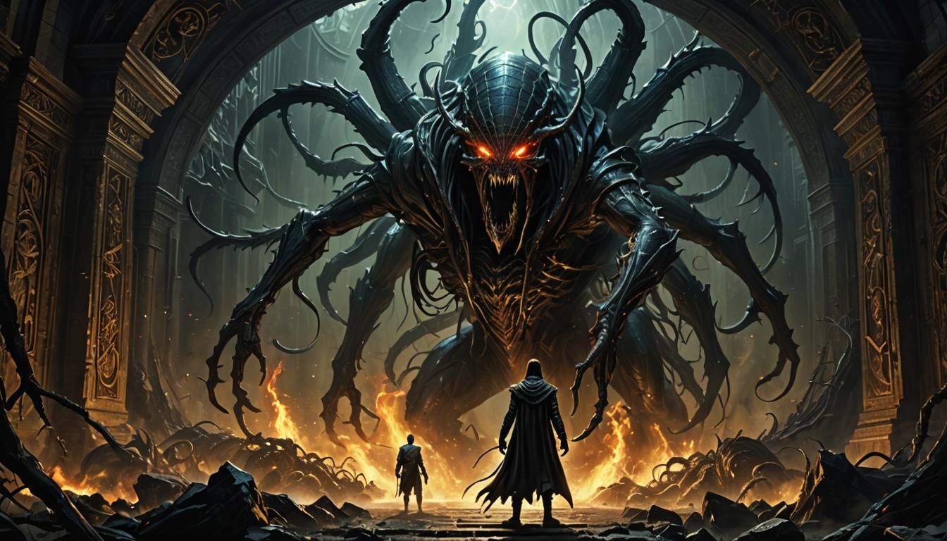a final boss, dark fantasy, ancient era, a man emerging from an eldritch portal