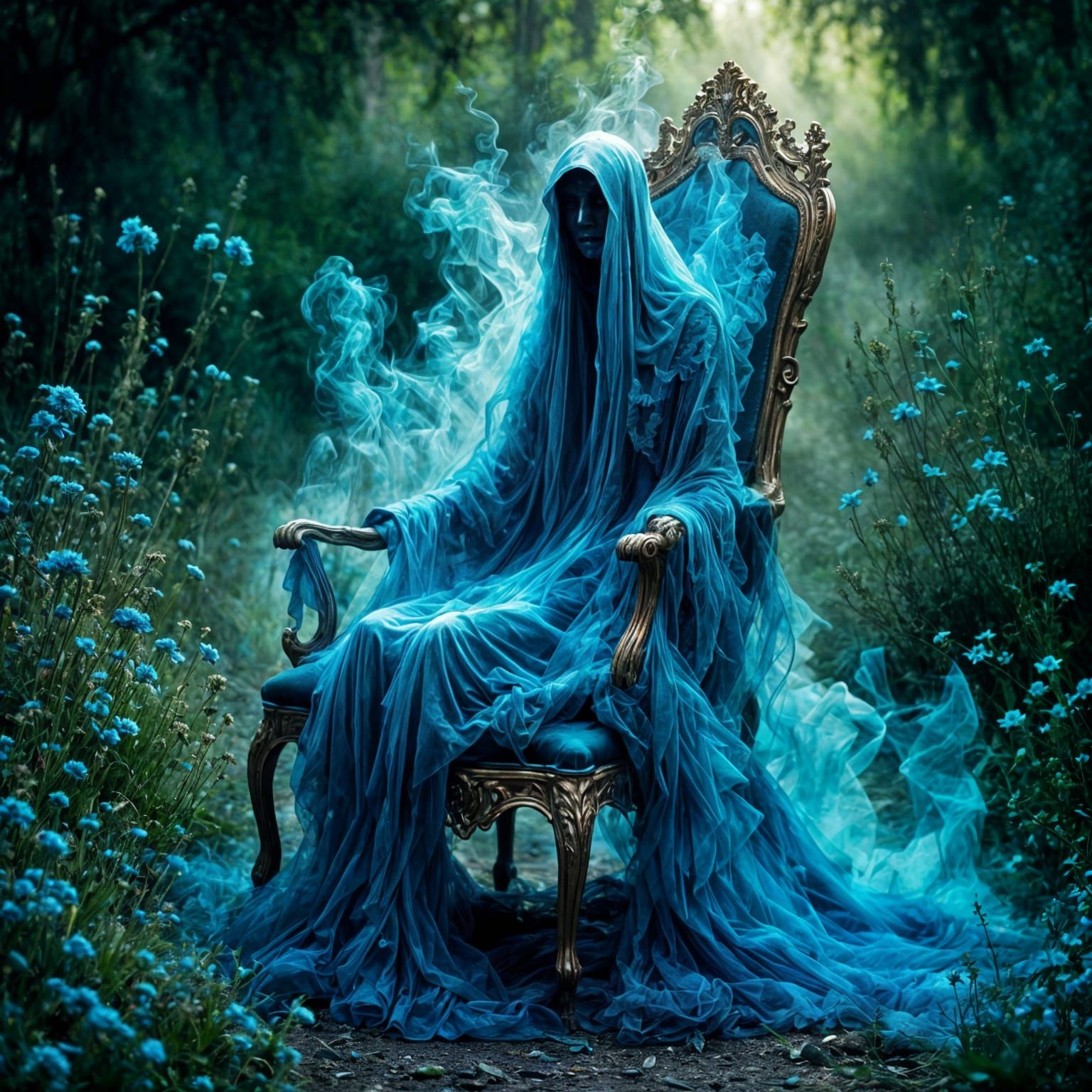 Eerie Ghost in Haunted Garden Watercolor Art