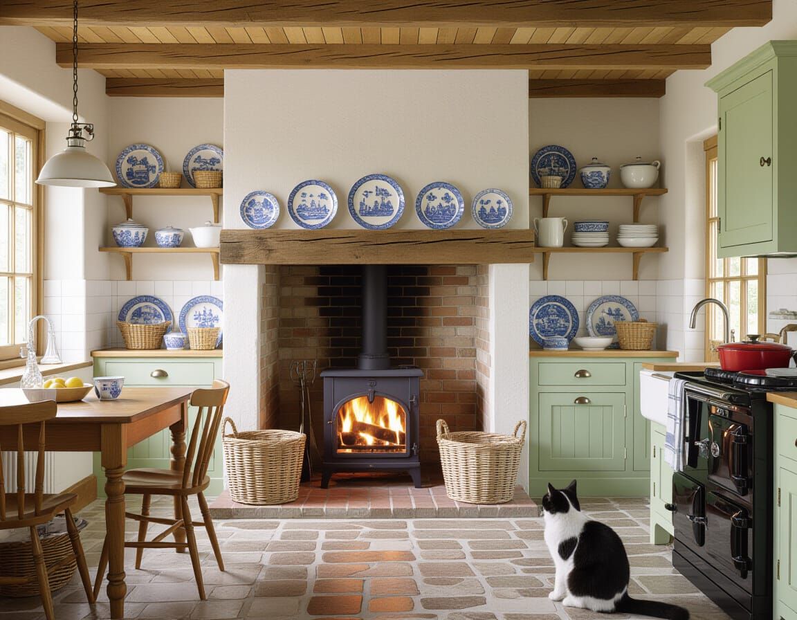 Cozy Rustic Kitchen with Stone Fireplace
