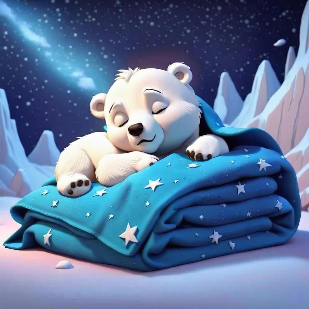 Cute Polar Bear Cub Snoring Under Starry Sky