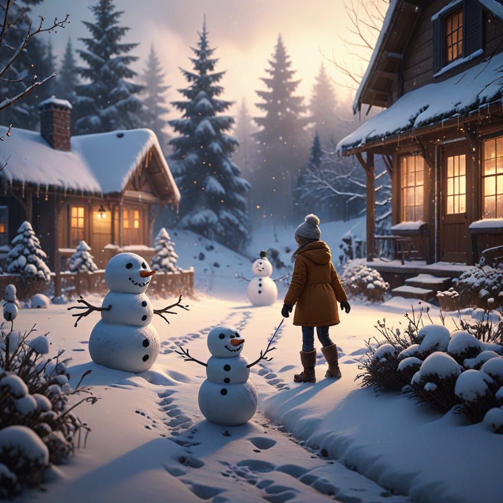 Children Play in Snowy Backyard with Snowmen at Golden Hour