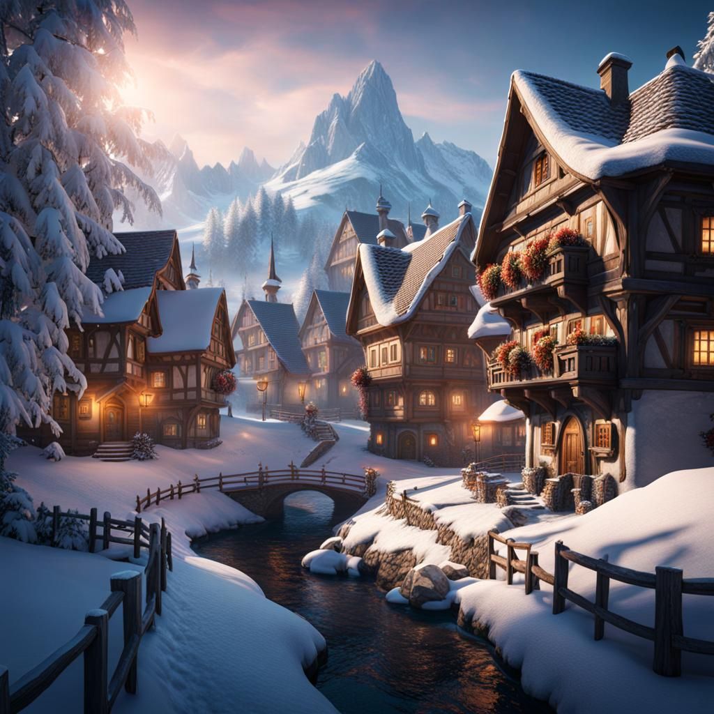 Winter Austrian Village in Detailed Matte Painting Style