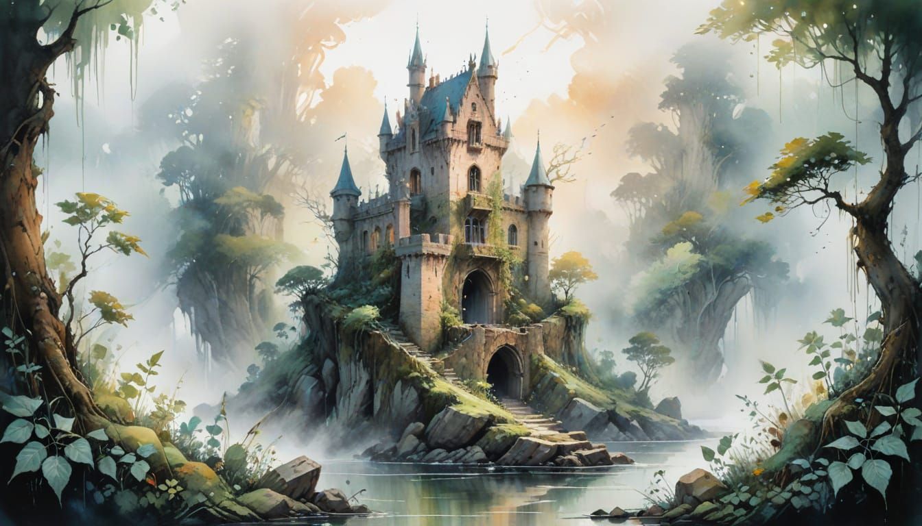 Dreamlike Castle Ruins in Misty Garden, Watercolour