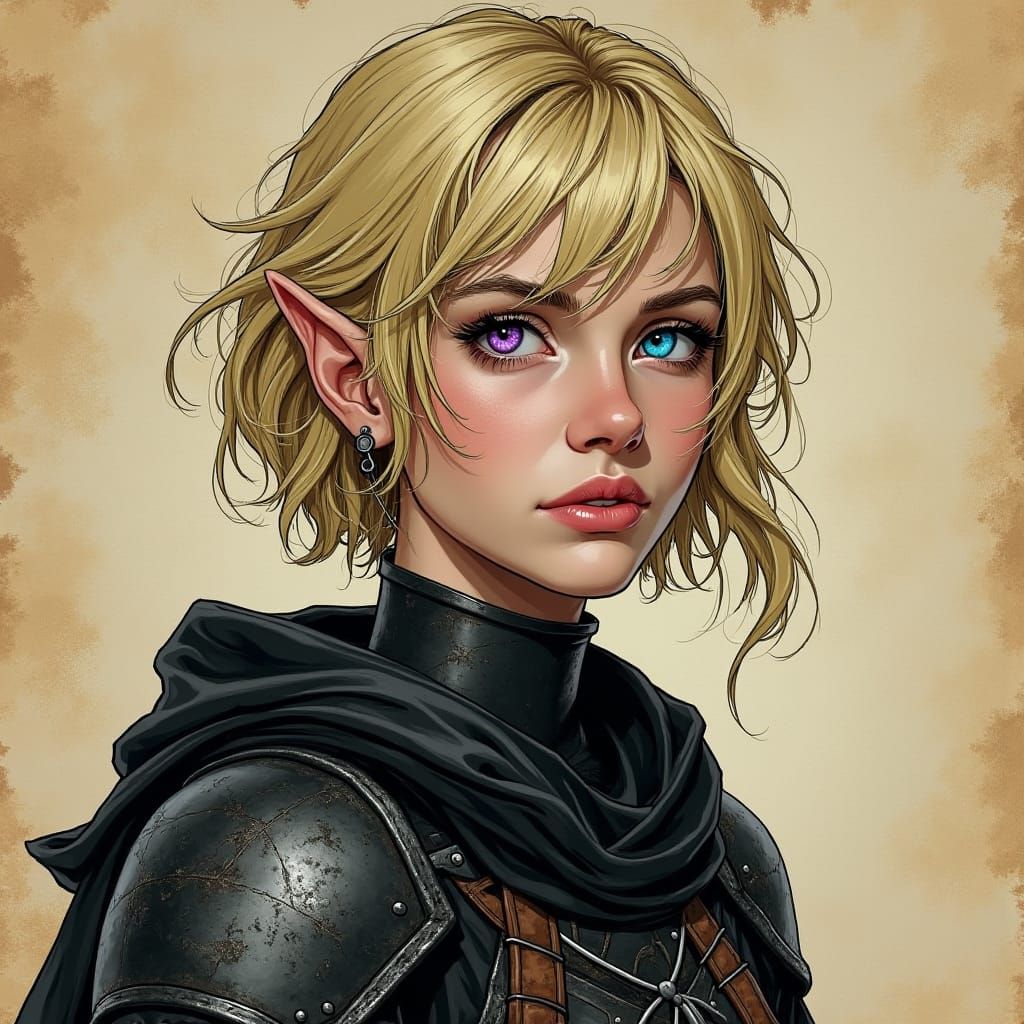 Half-Elf Rogue in Black Ink on Parchment