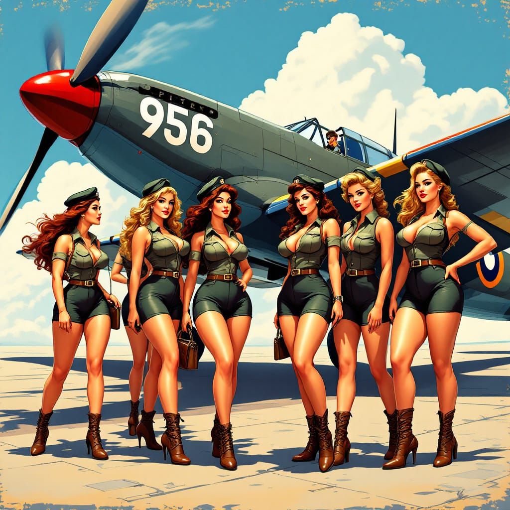 Vintage Pin-Up Girls & Spitfire Plane in Cartoony Style