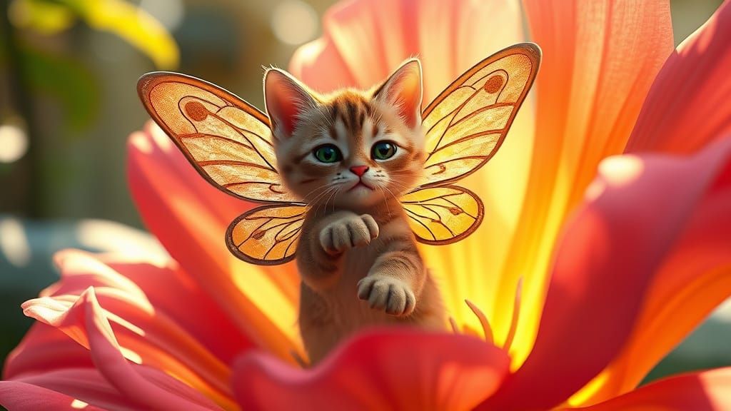 Clever Cat with Butterfly Wings on Fantasy Flower