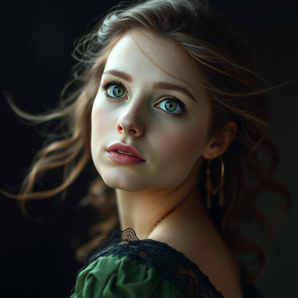 Green-Eyed Woman: Dark Fantasy Portrait in Romantic Style