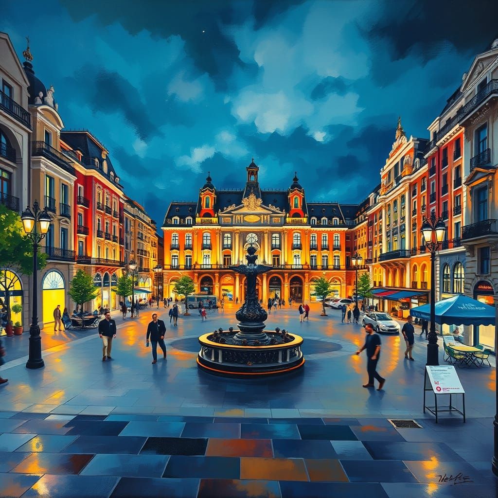 Madrid Plaza at Night in Gouache Style