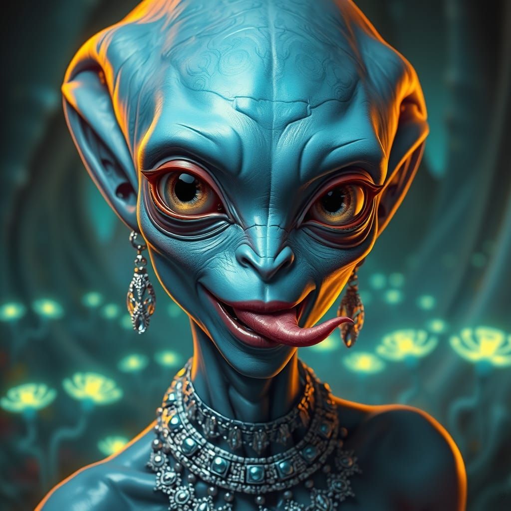 Beautiful Blue Alien with Blue Skin and Silver Jewelry