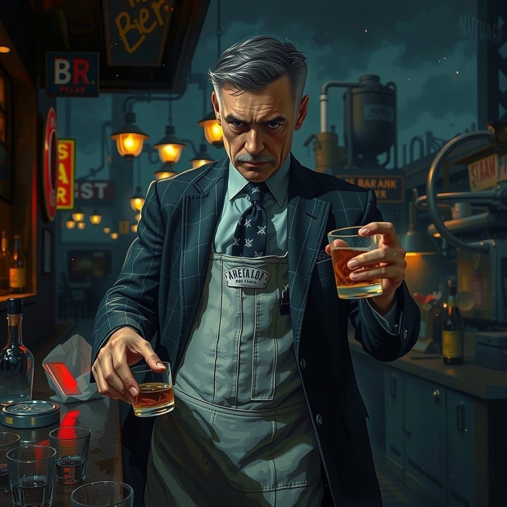 Sagging Bartender in a Dive Bar Setting